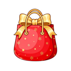 Festive red gift bag with gold bow and holiday pattern