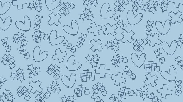 Playful geometric doodle pattern featuring hand-drawn hearts, stars, plus symbols, and modern abstract shapes on a soft blue background