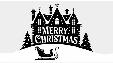 Fototapeta premium Vintage silhouette of a festive victorian house with merry christmas text and a sleigh in the snow
