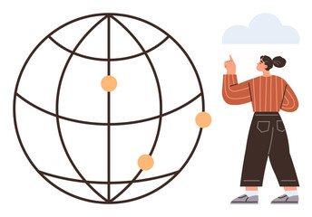 Woman pointing at abstract globe with connected dots, emphasizing global communication and collaboration. Ideal for networking, innovation, technology, globalization, education, planning, teamwork