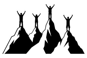 Four people silhouettes with arms raised celebrating team success on mountain peaks