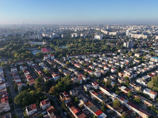 Aerial view of a neighborhood of Bucharest on a misty morning.