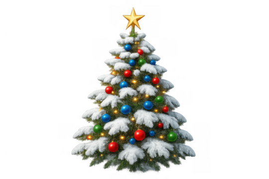 Christmas tree decorated with ornaments, lights and snow, topped with a golden star, holiday season symbol
