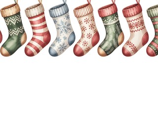 A row of festive christmas stockings decorated with traditional patterns hanging against a white background