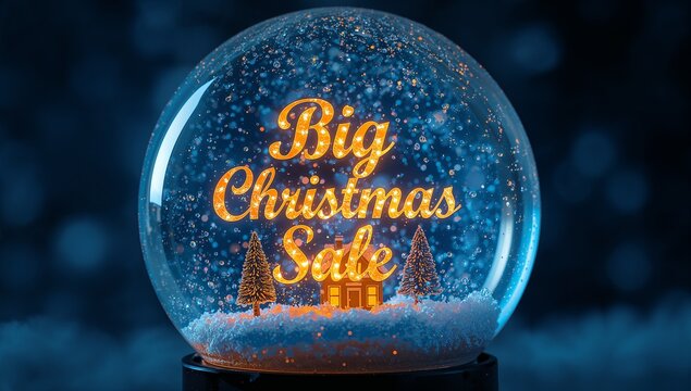 Magical christmas snow globe with glowing big christmas sale text and festive decorations