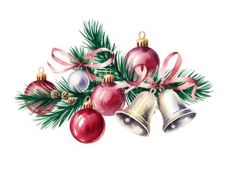 Festive christmas decoration featuring red baubles silver bells pine branches and pink ribbons
