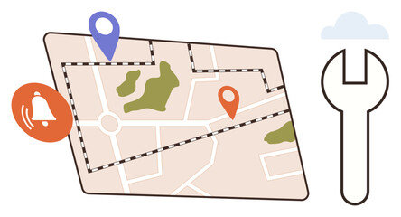 Map showcasing paths, landmarks, location pins, notification bell, and a wrench. Ideal for navigation, geolocation, alerts route optimization troubleshooting service tools and solutions. Simple