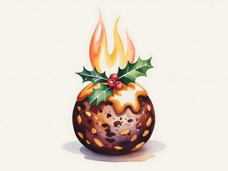 Traditional christmas pudding with flaming brandy sauce and holly garnish on a light background