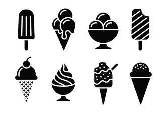 Set of eight black and white ice cream silhouettes vector illustration collection vector