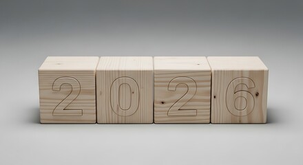 The year 2026 is displayed on engraved wooden blocks against a clean gray background. A concept for the new year, future planning, and goals