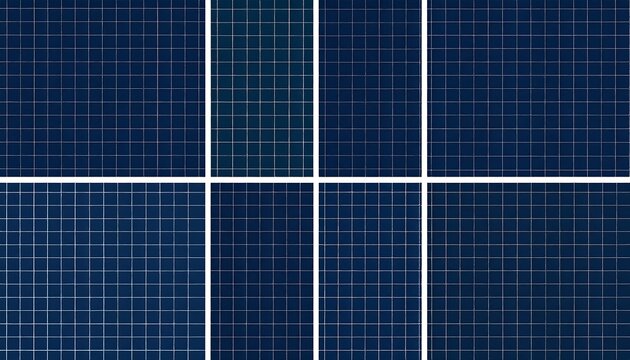 Close-up of dark blue, grid-patterned surfaces, divided by bright white lines, resembling solar panels sections