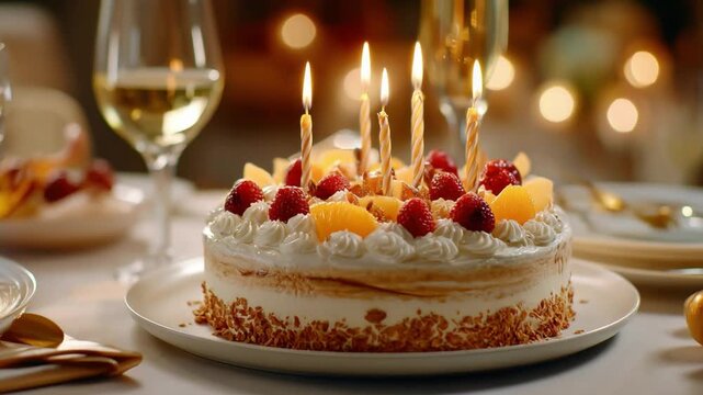 Festive Cake Celebration: A beautifully decorated cake adorned with fresh fruit and flickering candles sits on a table, creating a warm atmosphere of celebration.