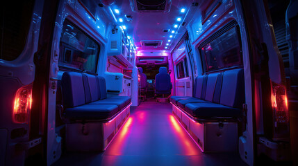 Emergency ambulance interior with life-saving equipment, dramatic urgent care scene