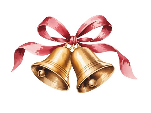 Two golden christmas bells tied with a festive red ribbon and bow on a white background