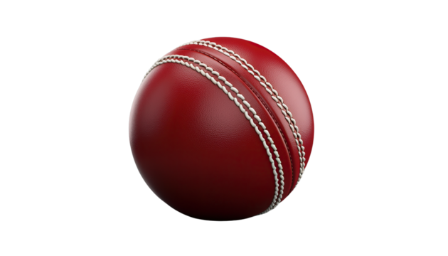 Ultra-realistic red leather cricket ball, detailed stitched seam with white thread, 
