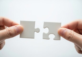 Close up of hands holding two white puzzle pieces about to connect representing solutions