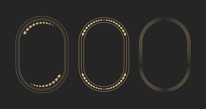 Elegant gold oval frames with thin decorative laurel borders on a dark background. Minimal luxury vector design suitable for certificates, invitations, labels. Art deco gatsby frame set.