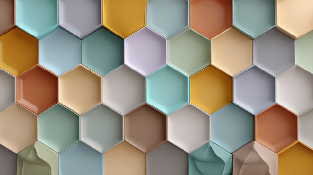 A close-up shot of a colorful mosaic tile pattern, offering a unique and modern visual experience. The hexagonal shapes and varied hues create a visually engaging surface