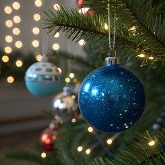 A close up of a christmas tree with various ornaments hanging from its branches and string lights on it