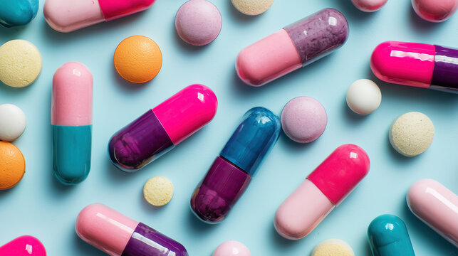 Colorful pills and capsules flat lay on blue background, pharmaceutical product photography