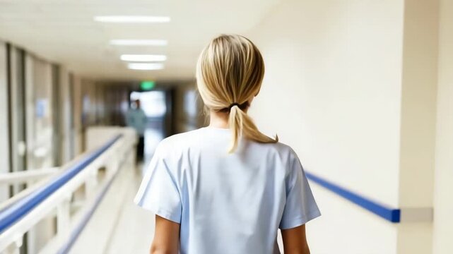 Nurse walks through hospital corridor during night shift