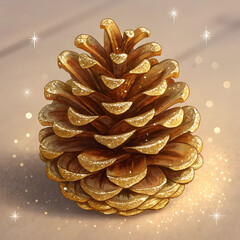 A close up of a pine cone with gold glitter on the edges against a light beige background color