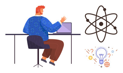 Researcher at desk using laptop, connected with scientific icons atom, lightbulb, gears, and question marks. Ideal for innovation, education, research, science brainstorming technology