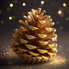 A close up of a golden pine cone with blurred lights in the background on a dark surface