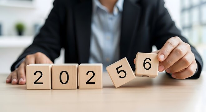Hand changing wooden cubes from 2025 to 2026, symbolizing new year business planning and future goals