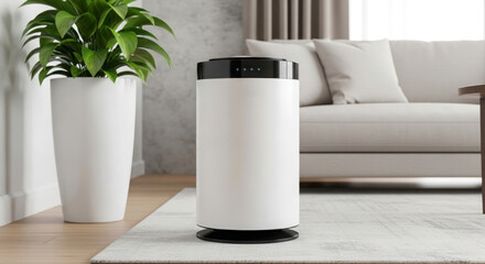 Modern white air purifier with black top in a bright living room