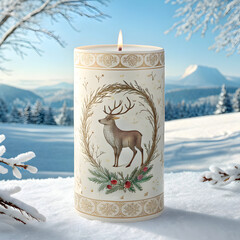 Decorated candle with a deer design in a snowy winter landscape creating a festive atmosphere