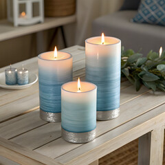 Three lit ombre blue and white candles with silver bases on a white wooden table indoors setting