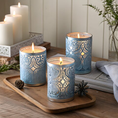 A serene display of illuminated candles with decorative holders on a wooden tray indoors setting