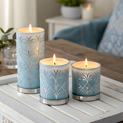 Three lit candles with blue and silver decorative designs on a white tray in a home setting