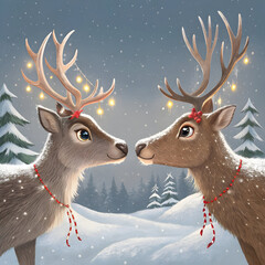 Two christmas reindeer face to face in a snowy winter scene with trees and festive decorations