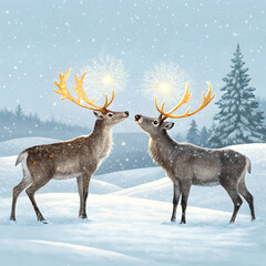 Two reindeer in a snowy landscape with golden antlers and sparkling lights above their heads art