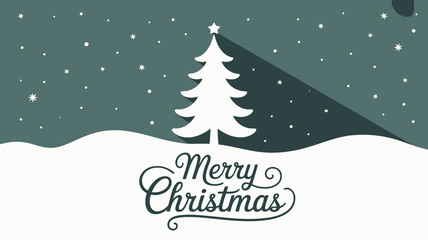 Simple white christmas tree silhouette with merry christmas text and falling snow against a dark background