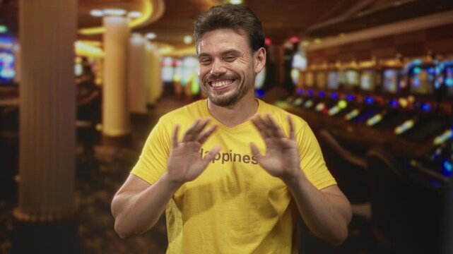 Man smiling with hands covering face at casino building near a row of slot machines and glowing lights on the gaming floor; winning joy.