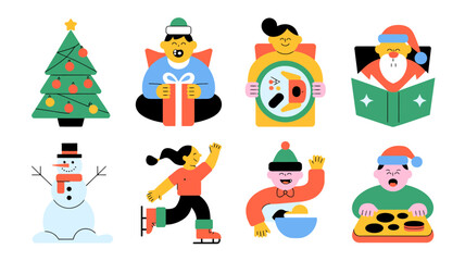 Fototapeta premium Whimsical flat design christmas characters and festive symbols including santa claus and snowman