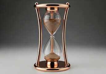 Elegant hourglass timer with rose gold metal frame and sand flowing through time