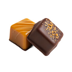 Stack of assorted chocolate and caramel candies with a liquid chocolate splash. Delicious dessert concept. Isolated on black.