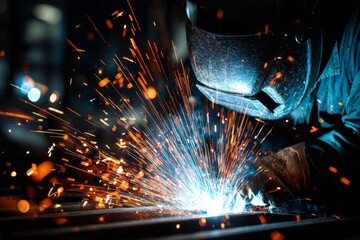 A skilled welder works on metal in a dimly lit workshop at night. Bright sparks fly from the welding process as the worker focuses on joining materials with precision and care