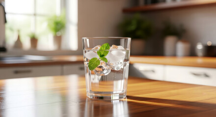 Refreshing glass of water with ice and mint on a wooden kitchen counter