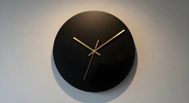 Modern black wall clock with gold hands against a white wall