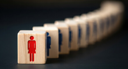 Single red human figure on wooden block leading a line of others