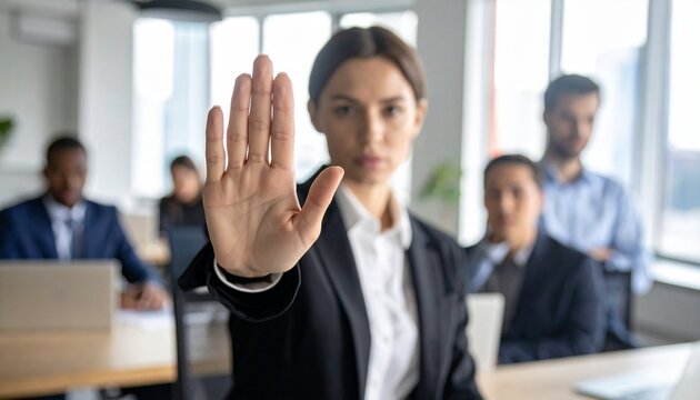 Stop, hand sign and woman in business suit with no gesture for sexual harassment and violence in office workplace - Powered by Adobe