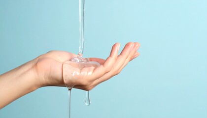 Thick clear gel pours into a woman's hand on a colored background with copy space. Cosmetic moisturizing gel, banner template.