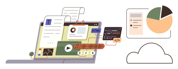 Laptop with multimedia tools, coding elements, charts, and cloud icon, showcasing modern digital creation. Ideal for technology, data, productivity, web design education innovation cloud services
