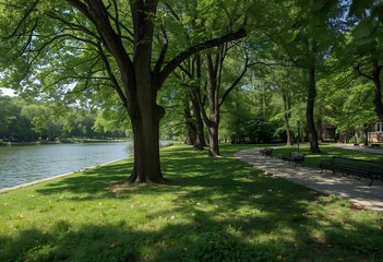 Fototapeta premium A scenic city park beside a tranquil lake, featuring lush greenery, walking paths, and benches under the shade of tall trees. The peaceful atmosphere reflects harmony between urban life and nature.