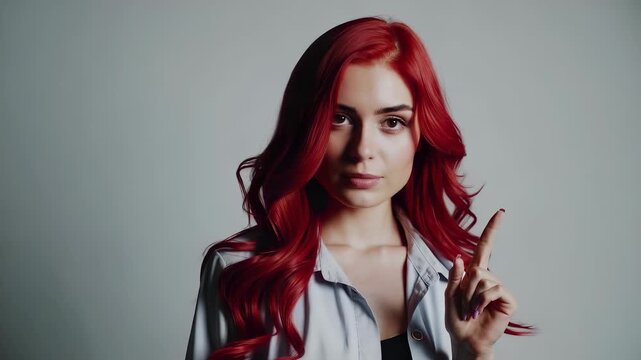 A woman with vibrant red hair gestures with her finger while wearing a stylish outfit. The woman&rsquo;s expressive pose and colorful hair create a striking presence in the neutral backg